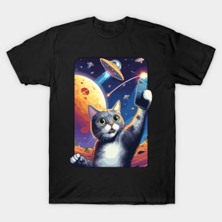 Cute And Funny Cat Selfie With UFOs Behind T-Shirt